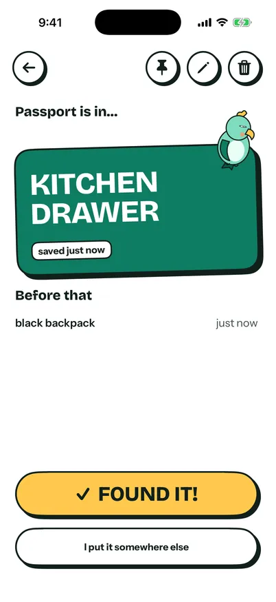 Lorilo’s screen for the passport: kitchen drawer.